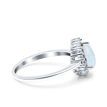Teardrop Halo Art Deco Pear Wedding Ring Lab Created White Opal 925 Sterling Silver